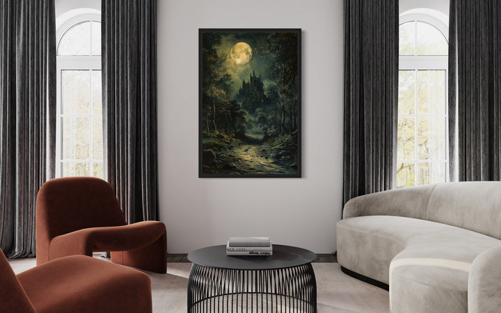Framed canvas art of a gothic castle under a dark moonlit sky.