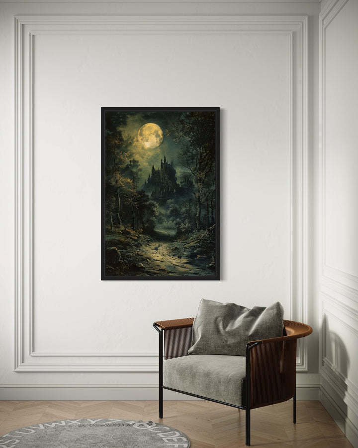 Dark moonlit gothic vampire castle framed canvas wall art.