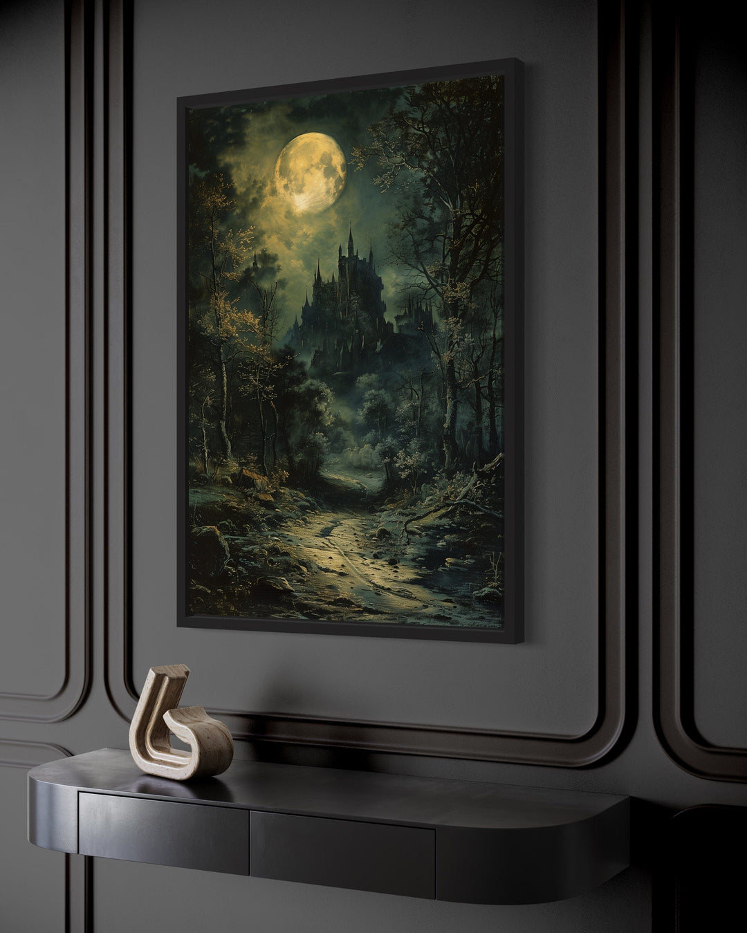 Dark moonlit gothic vampire castle framed canvas wall art.