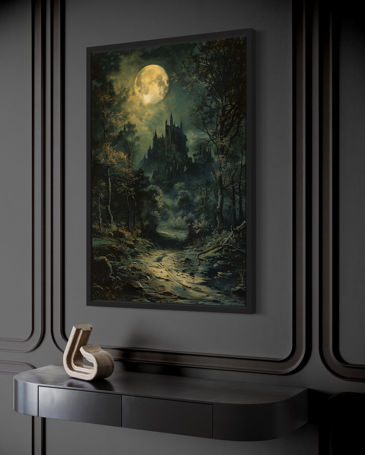 Dark moonlit gothic vampire castle framed canvas wall art.