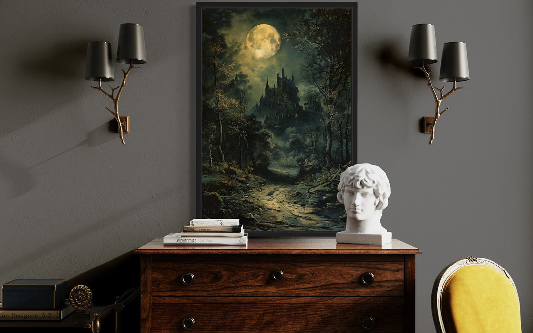 Framed canvas art of a gothic castle under a dark moonlit sky.