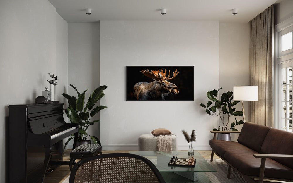 Dark Moose On Black Background Extra Large Framed Canvas Wall Art in living room