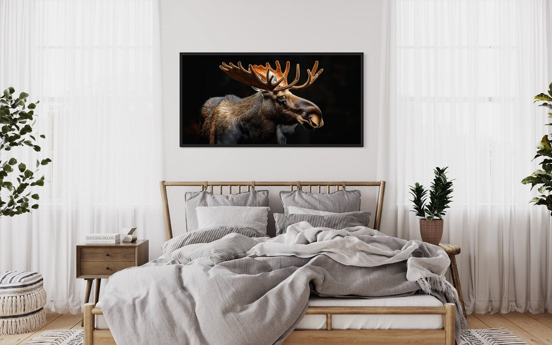 Dark Moose On Black Background Extra Large Framed Canvas Wall Art