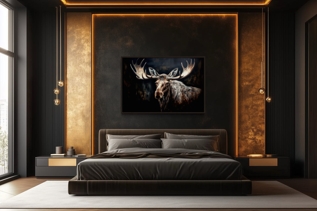 Dark Moose Painting Framed Canvas Wall Art hanging above a bed in a modern bedroom.