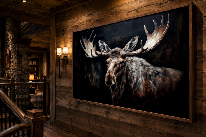 Large framed canvas painting of a moose on a dark background in a rustic wood-paneled cabin hallway.