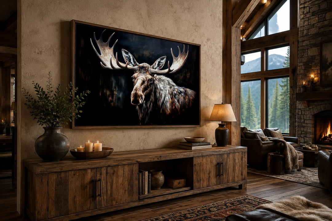 Framed canvas wall art of a moose with large antlers against a dark background in a rustic cabin.