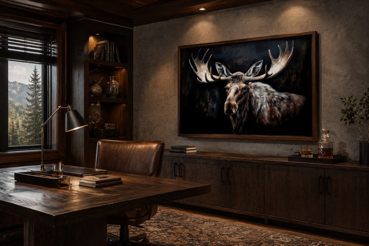 Framed canvas wall art of a moose against a dark background in a rustic cabin office setting.
