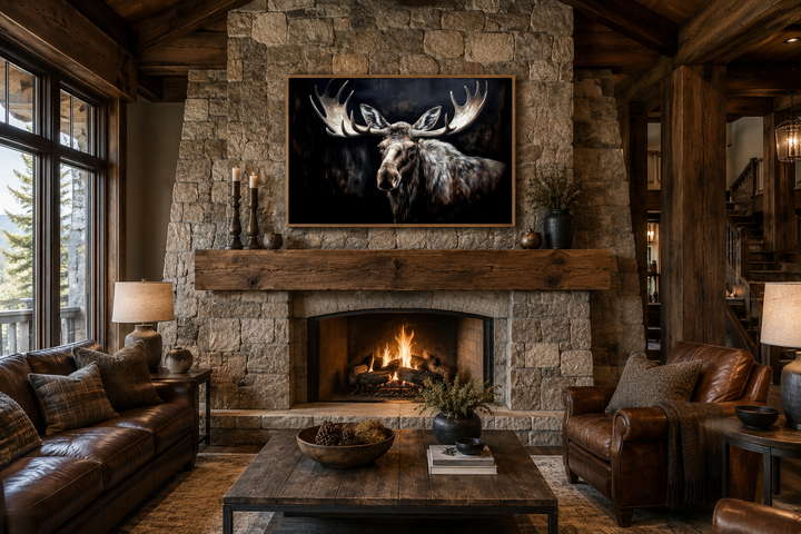 Dark Moose Painting Framed Canvas Wall Art hanging above a stone fireplace in a rustic cabin living room.