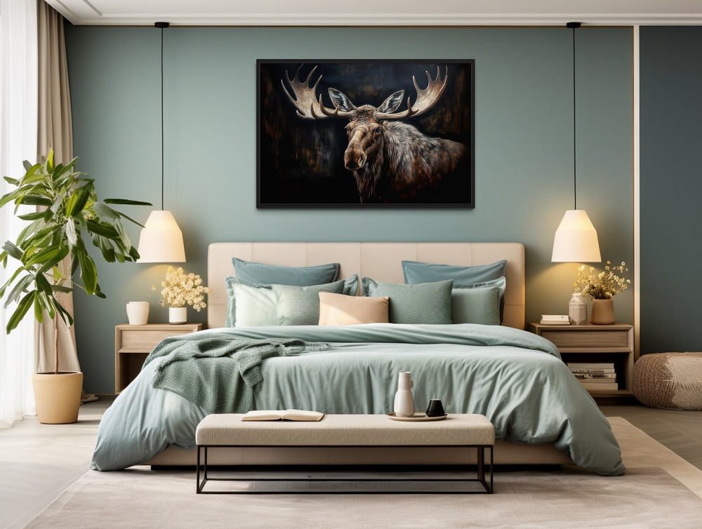 Dark Moose Painting Cabin Decor Framed Canvas Wall Art above bed