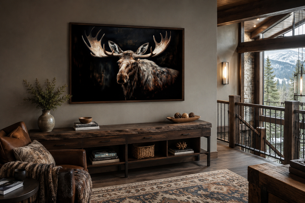 Dark Moose Painting Cabin Decor Framed Canvas Wall Art above a rustic wooden console table.