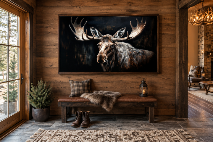 Dark moose painting on framed canvas wall art in a rustic cabin entryway above a wooden bench.