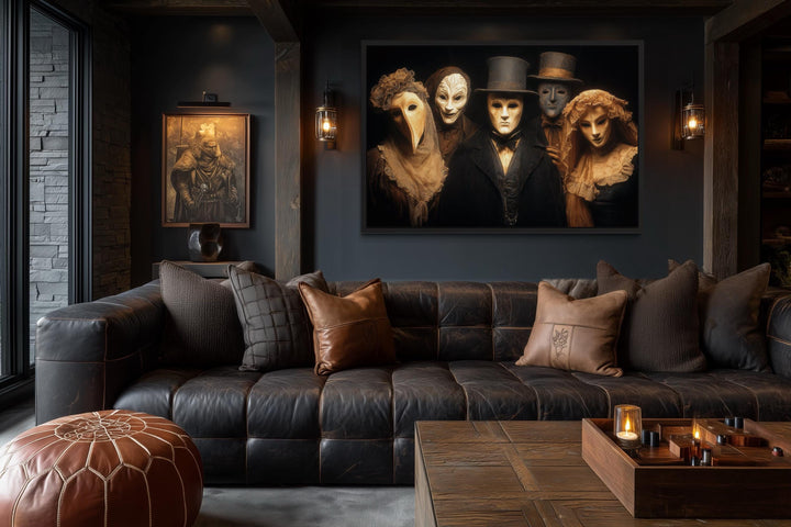 Dark Plague Doctor and Venetian Masked Figures in Vintage Costumes Halloween Wall Art