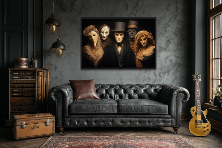 Dark Plague Doctor and Venetian Masked Figures in Vintage Costumes Halloween Wall Art