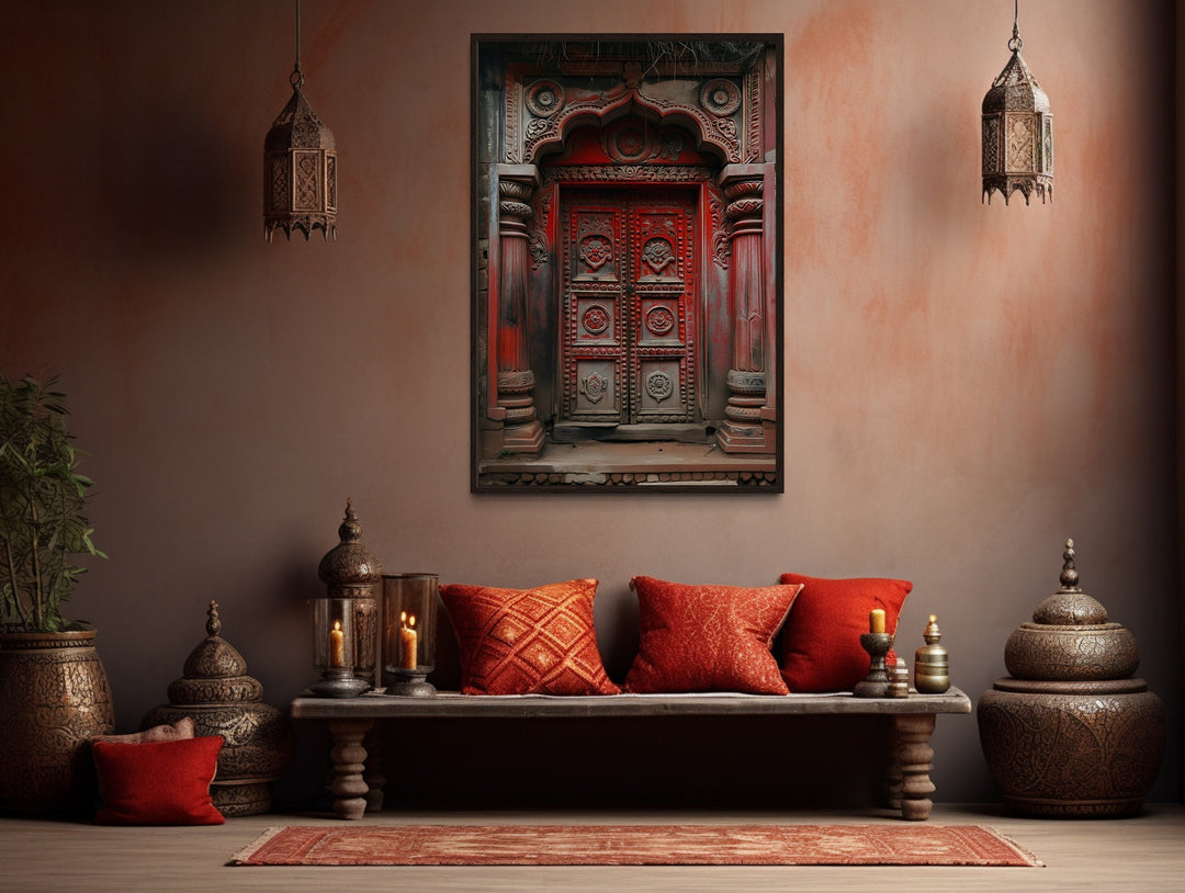 Dark Red Burgundy Indian Door Painting Framed Canvas Wall Art