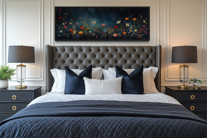 Dark Wildflowers Field Long Horizontal Over Bed Wall Art