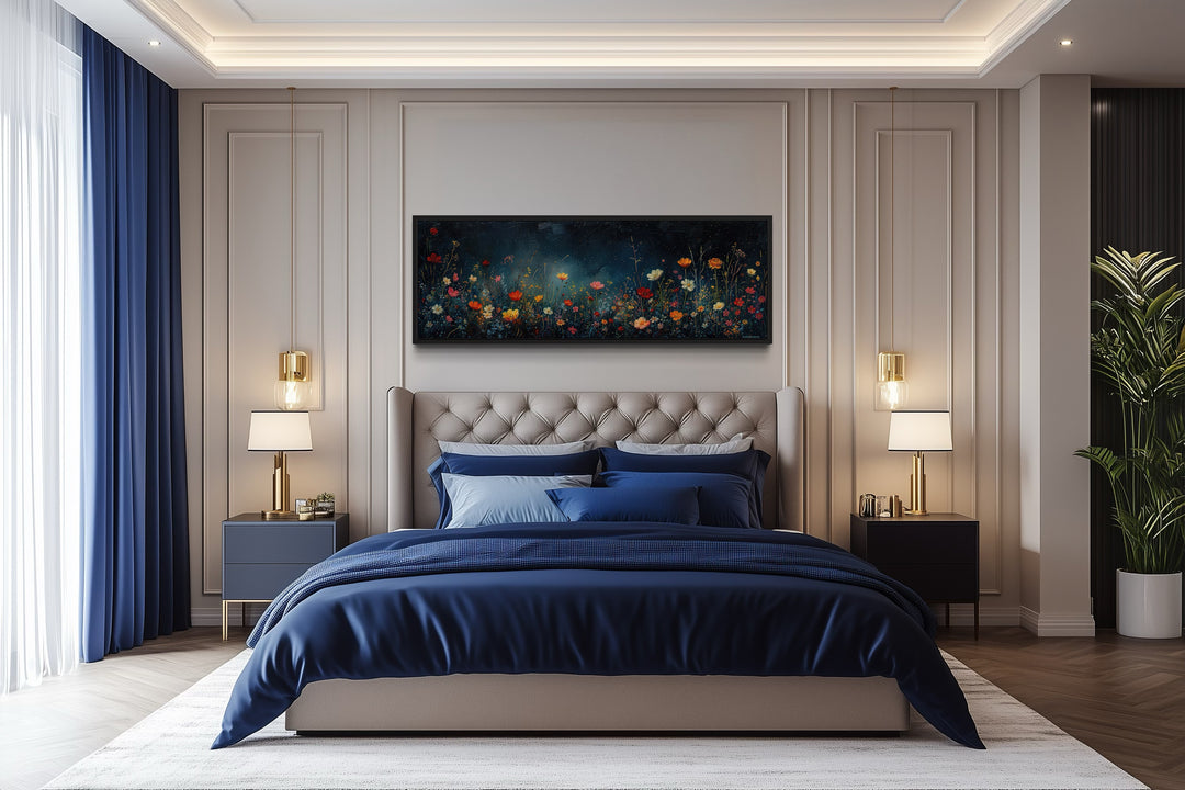 Dark Wildflowers Field Long Horizontal Over Bed Wall Art