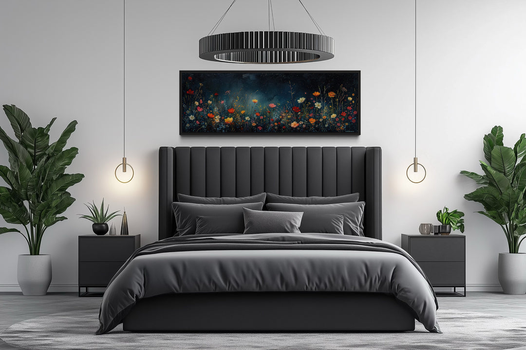 Dark Wildflowers Field Long Horizontal Over Bed Wall Art