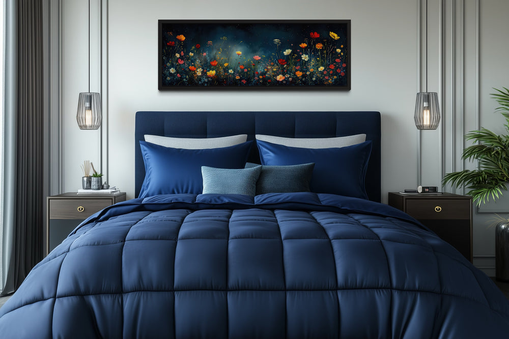 Dark Wildflowers Field Long Horizontal Over Bed Wall Art