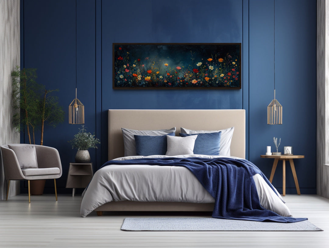 Dark Wildflowers Field Long Horizontal Over Bed Wall Art