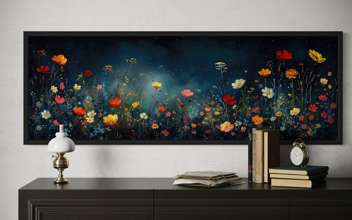 Dark Wildflowers Field Long Horizontal Over Bed Wall Art