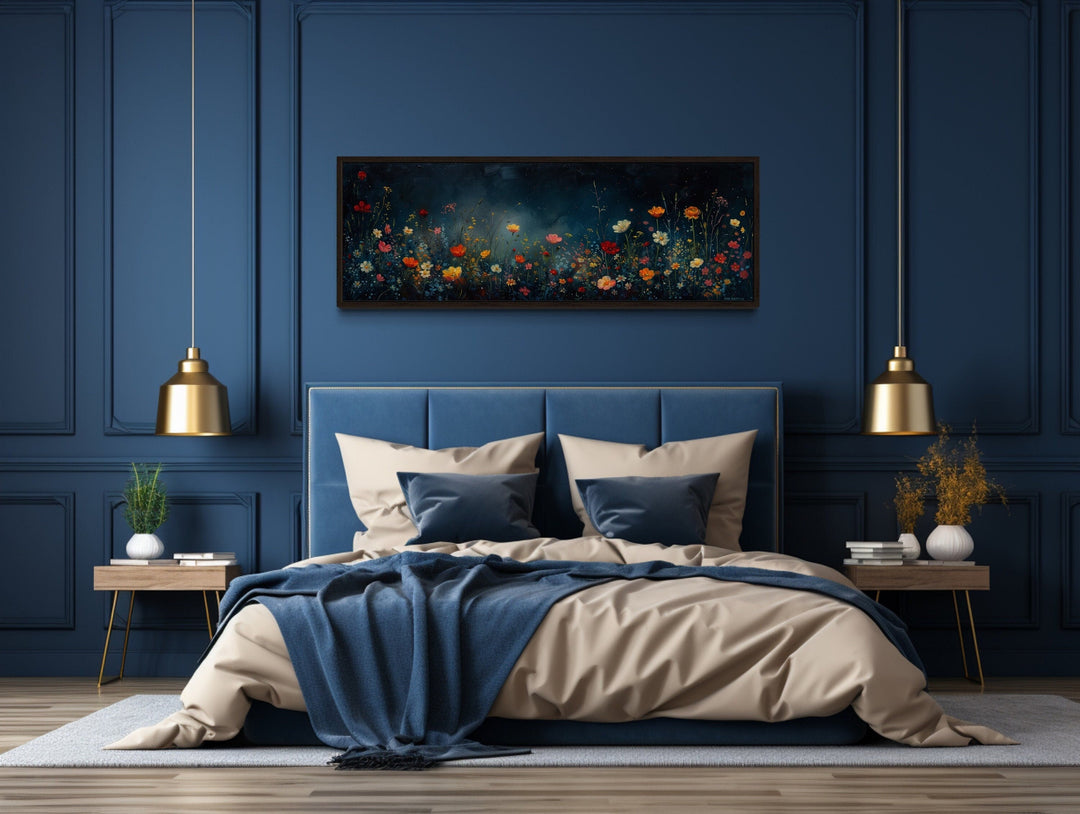 Dark Wildflowers Field Long Horizontal Over Bed Wall Art