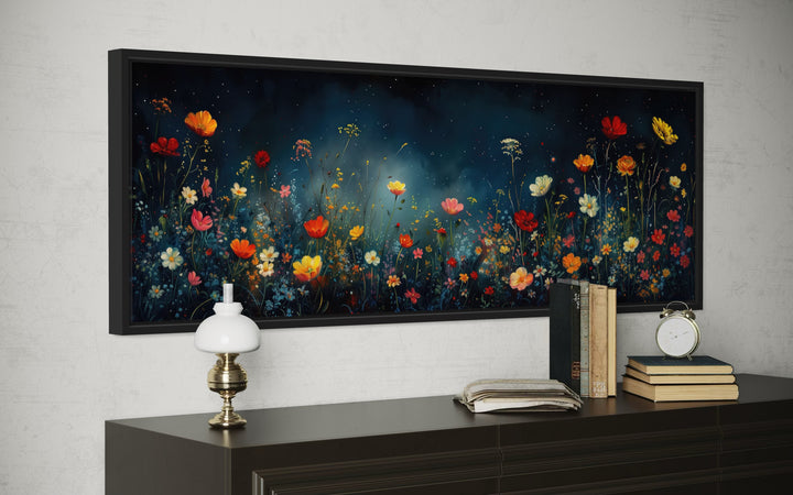 Dark Wildflowers Field Long Horizontal Over Bed Wall Art