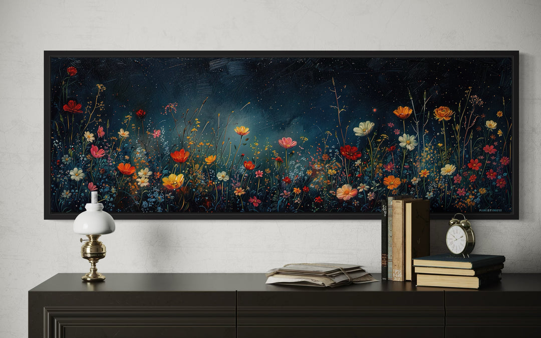 Dark Wildflowers Field Long Horizontal Over Bed Wall Art