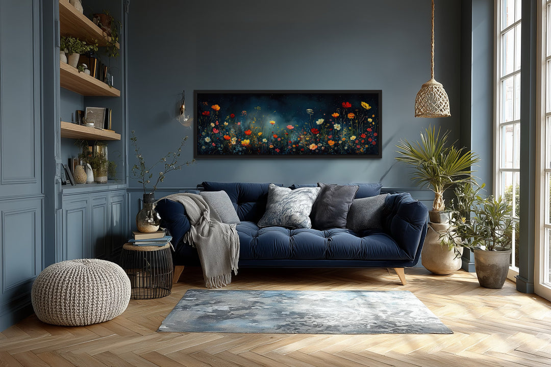 Dark Wildflowers Field Long Horizontal Over Bed Wall Art