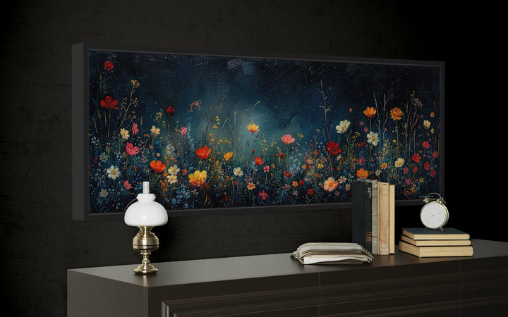 Dark Wildflowers Field Long Horizontal Over Bed Wall Art