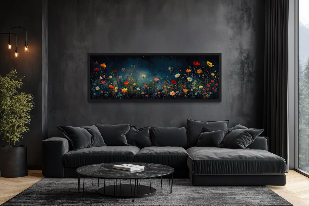 Dark Wildflowers Field Long Horizontal Over Bed Wall Art