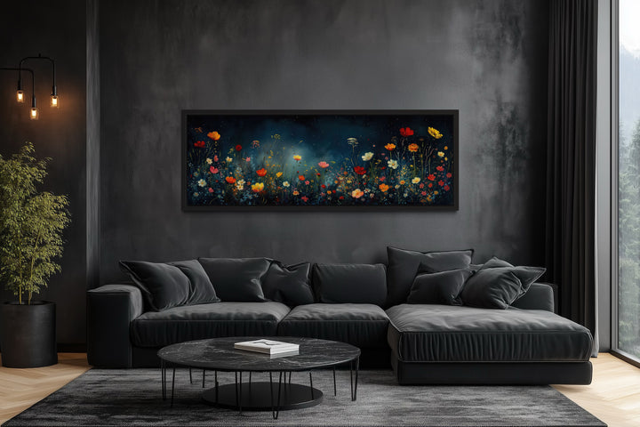 Dark Wildflowers Field Long Horizontal Over Bed Wall Art
