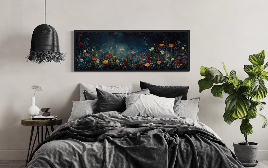 Dark Wildflowers Field Long Horizontal Over Bed Wall Art