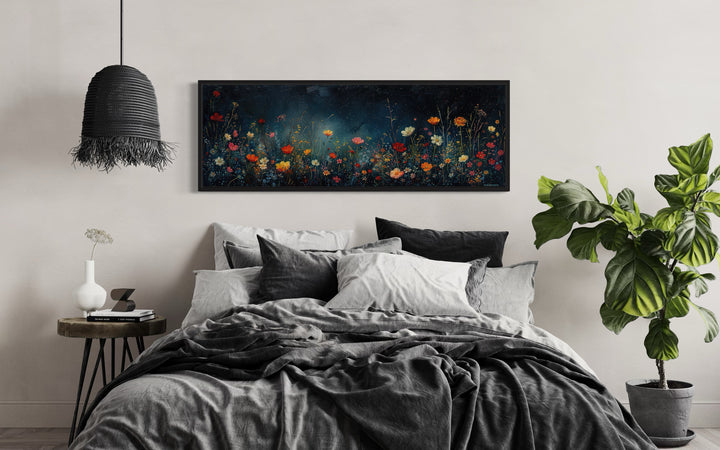 Dark Wildflowers Field Long Horizontal Over Bed Wall Art