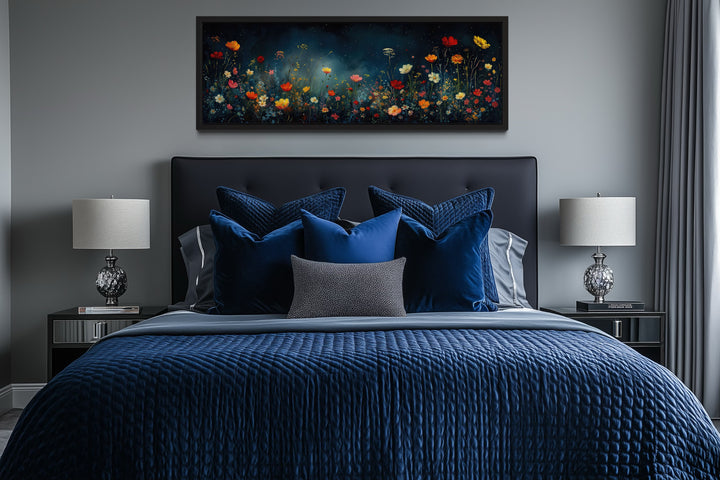 Dark Wildflowers Field Long Horizontal Over Bed Wall Art