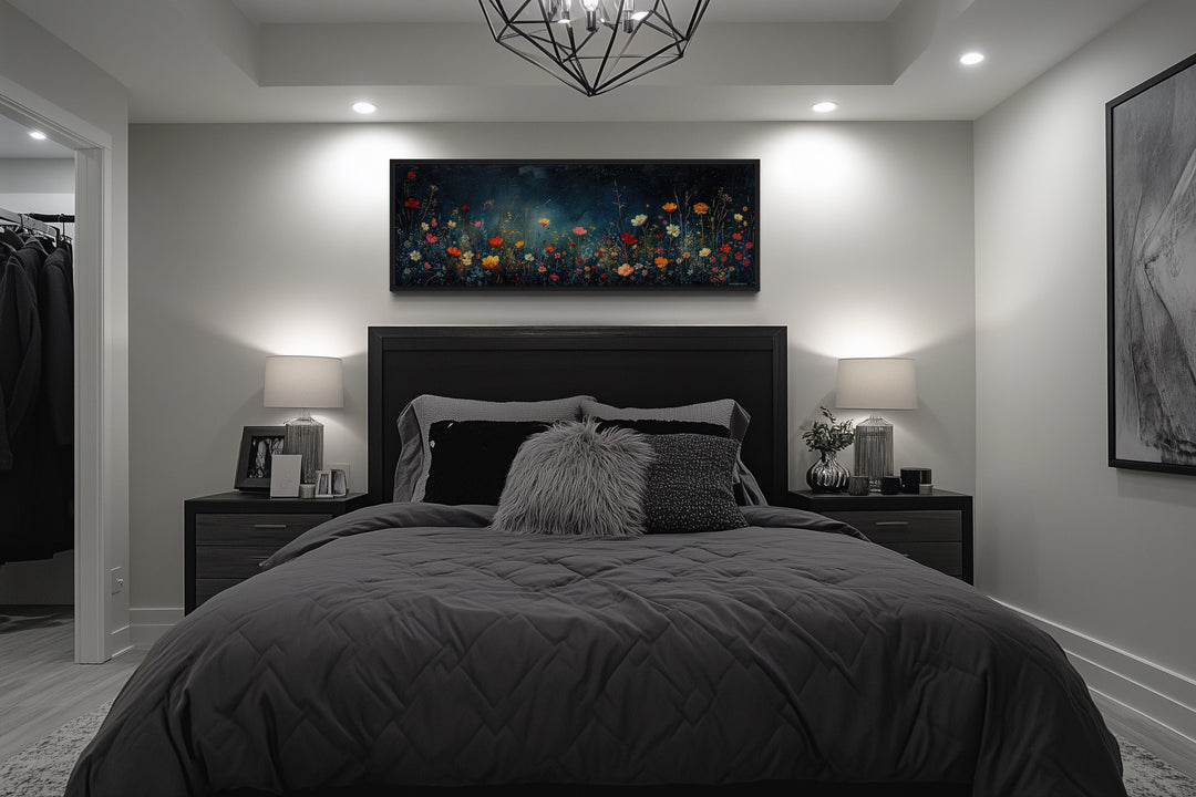 Dark Wildflowers Field Long Horizontal Over Bed Wall Art