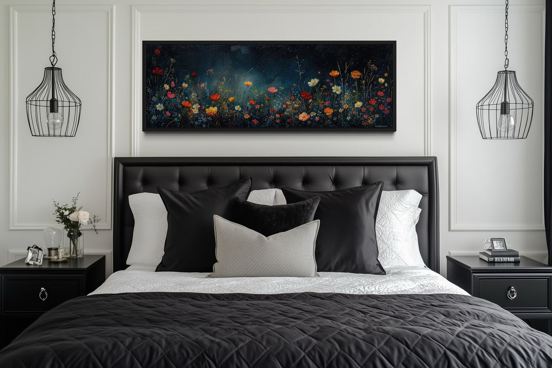 Dark Wildflowers Field Long Horizontal Over Bed Wall Art