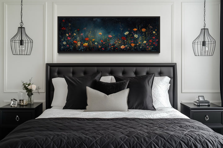 Dark Wildflowers Field Long Horizontal Over Bed Wall Art