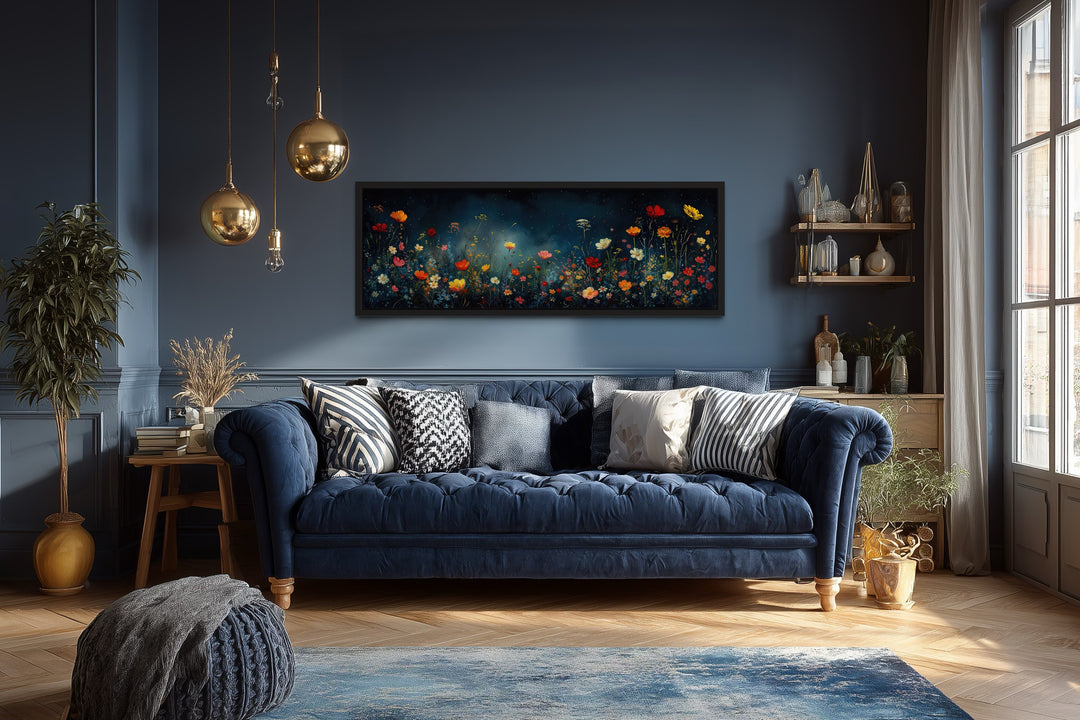 Dark Wildflowers Field Long Horizontal Over Bed Wall Art