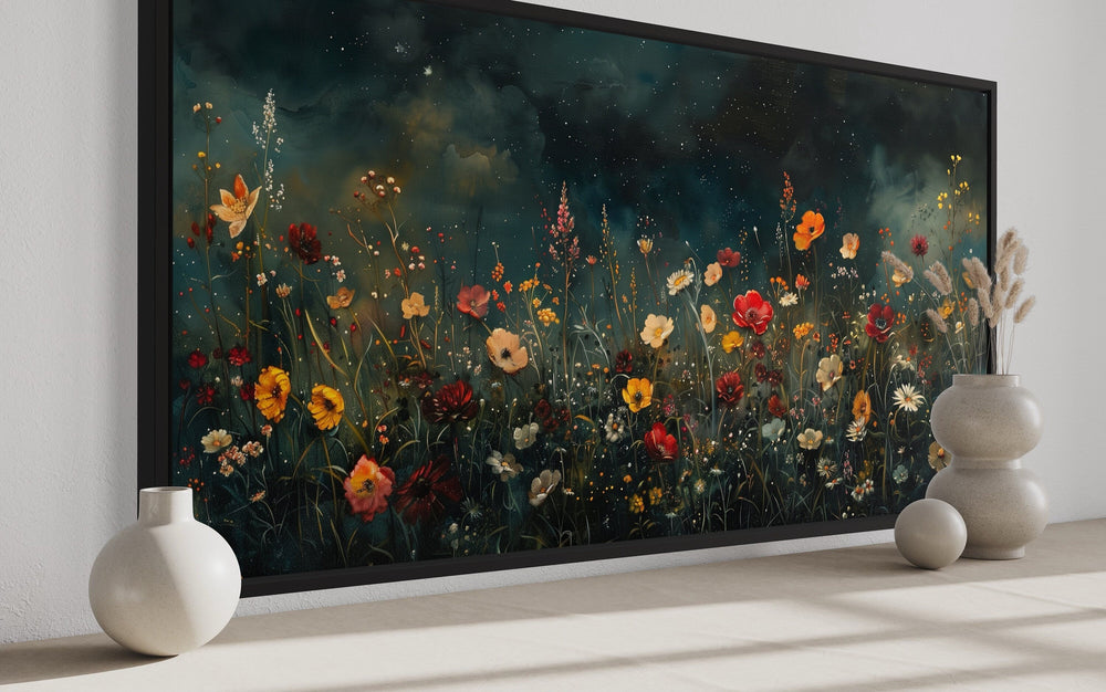 Dark Wildflowers Field Night Sky Painting Framed Canvas Wall Art side view