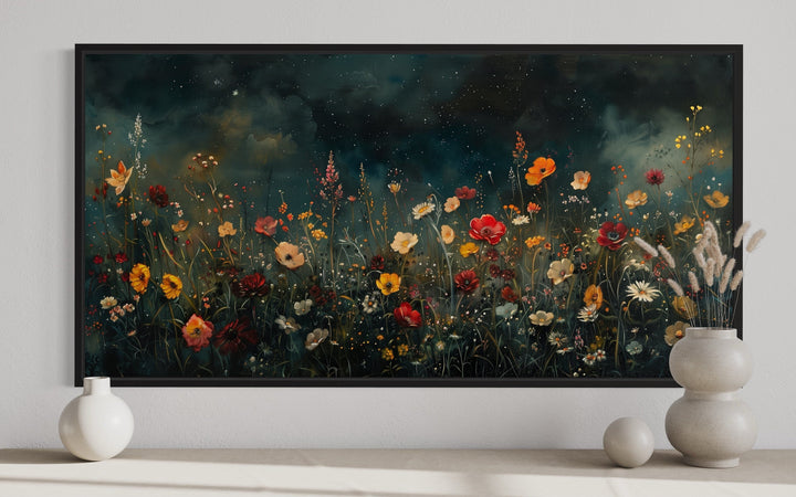 Dark Wildflowers Field Night Sky Painting Framed Canvas Wall Art