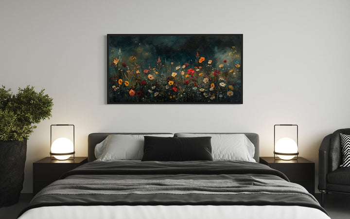 Dark Wildflowers Field Night Sky Painting Framed Canvas Wall Art