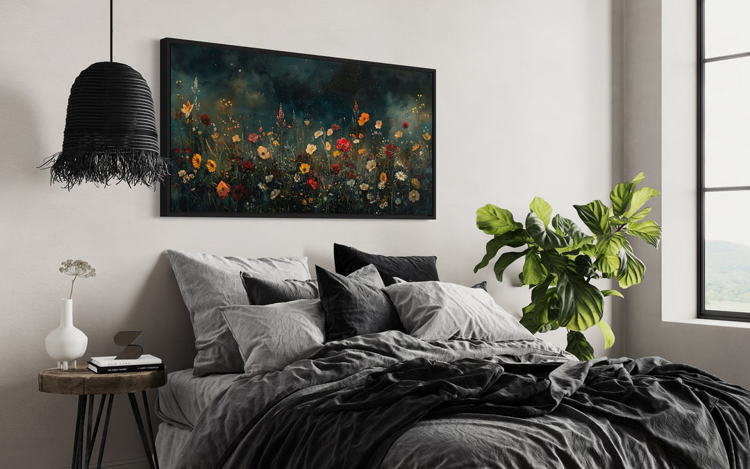 Dark Wildflowers Field Night Sky Painting Framed Canvas Wall Art