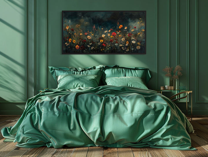 Dark Wildflowers Field Night Sky Painting Framed Canvas Wall Art