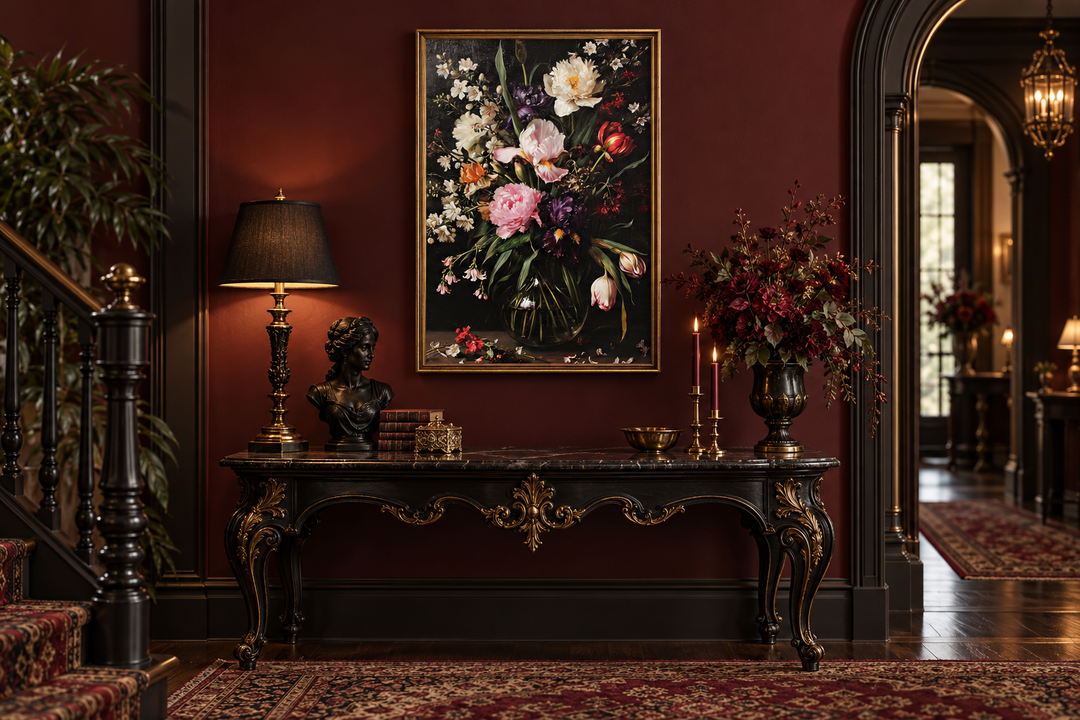 Antique style framed canvas wall art featuring a moody floral arrangement on a dark background.