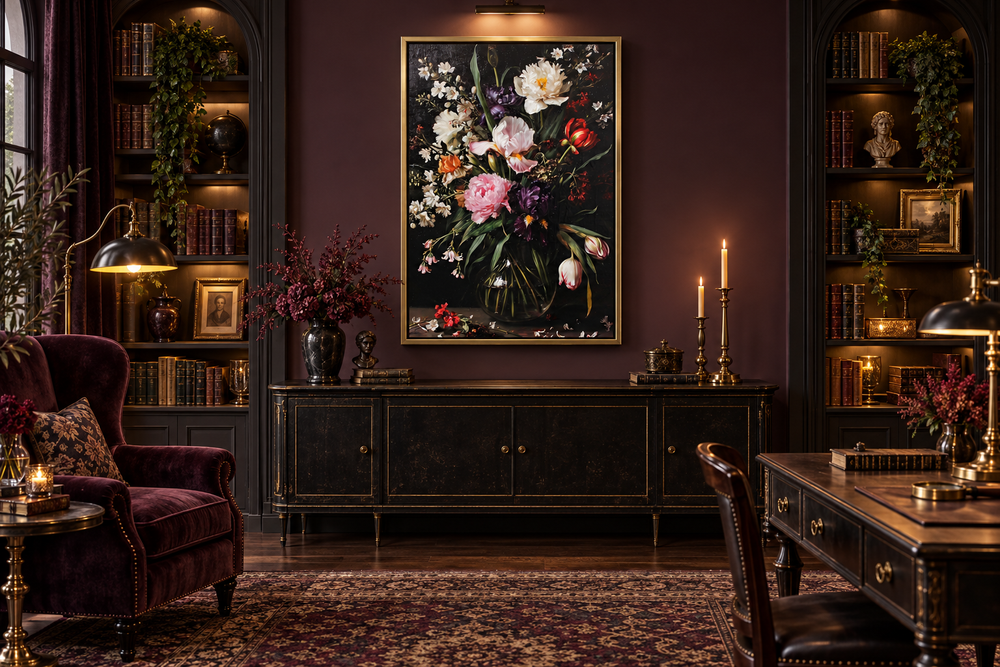 Antique style framed canvas wall art featuring a moody floral arrangement in a dark academia room.