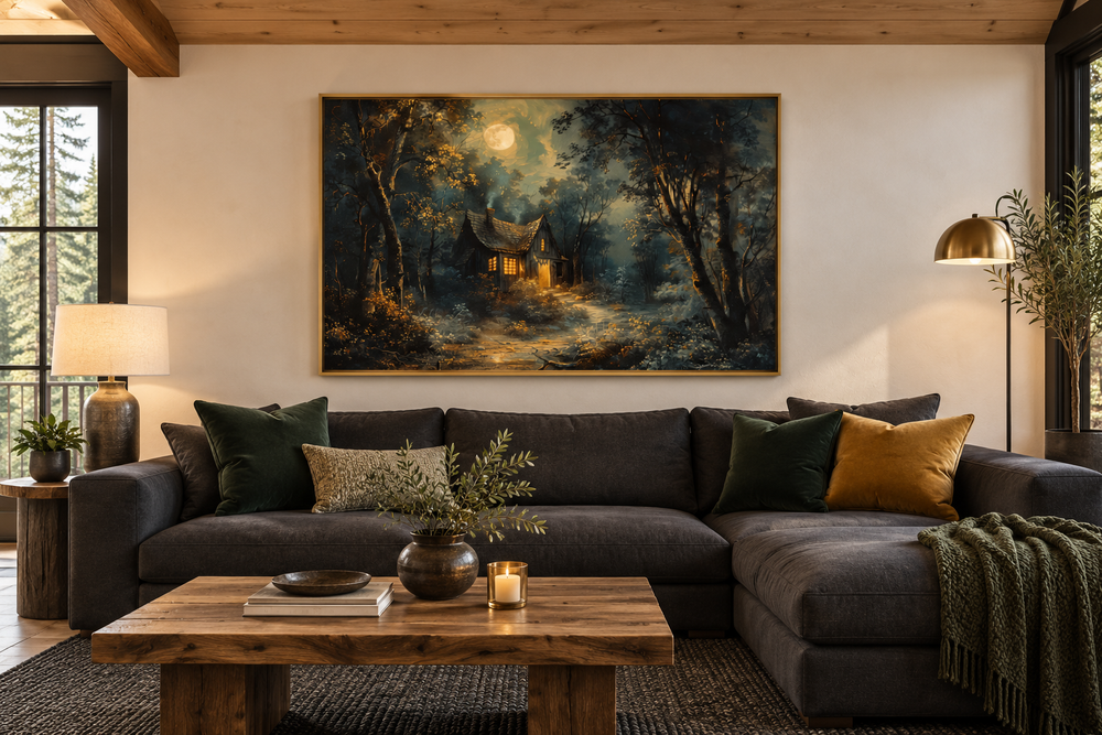 Framed wall art of a haunted cabin in a dark forest under a full moon above a modern sofa.