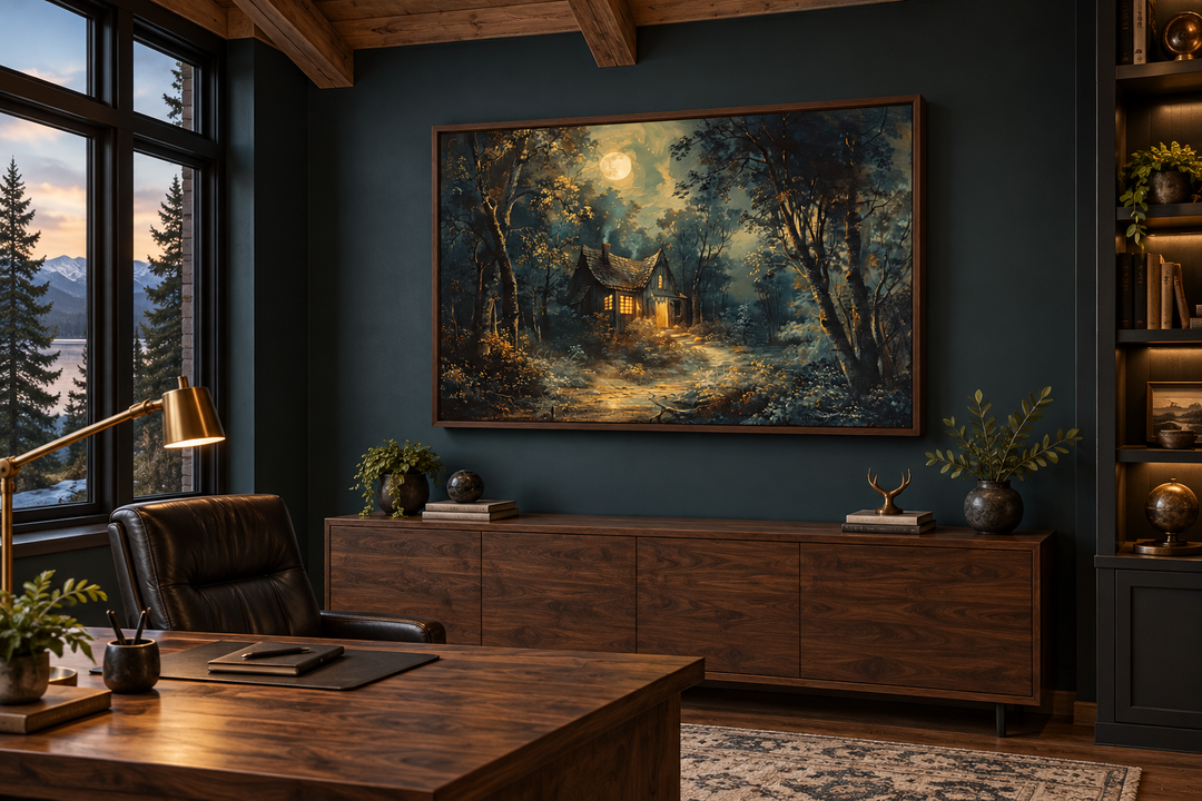 Framed wall art of a haunted cabin in a dark forest under a full moon in a moody office setting.