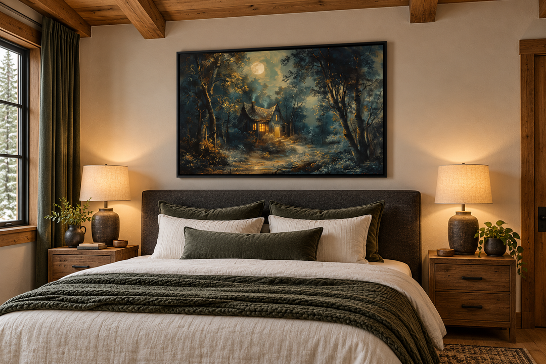 Framed wall art of a haunted cabin in a dark forest under a full moon above a bed.