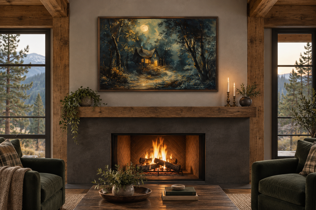 Framed wall art of a haunted cabin in a dark forest under a full moon above a lit fireplace.