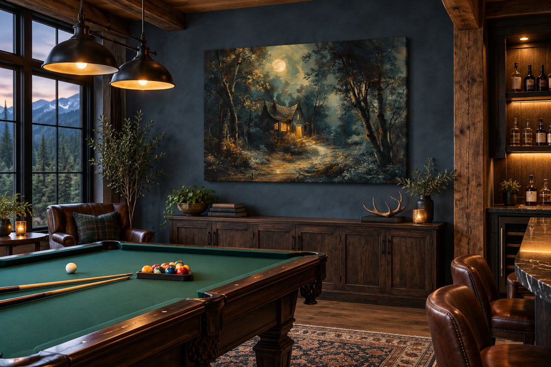 Haunted cabin in a dark forest under a full moon framed wall art in a moody game room setting.